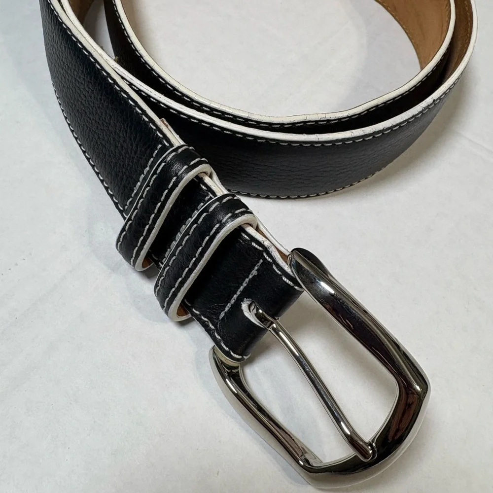 Bobby Jones Men's Black Leather Belt w White Stitching. USA,Italian Brass Buckle